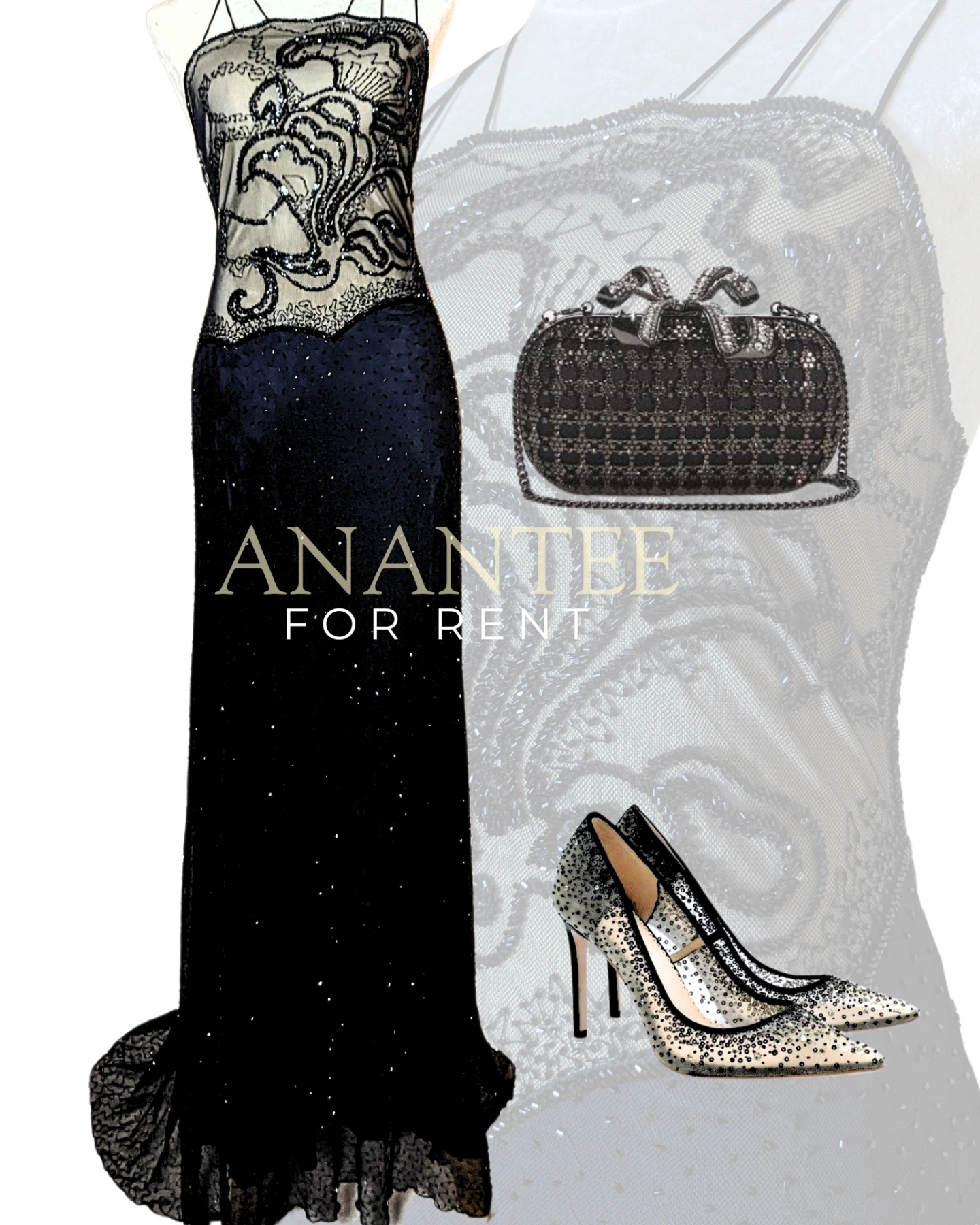 เดรสปักปล้อง เฉดสี ดำ ช่วงบนซีทรู Black Beaded & Sequinned Silk Dress
