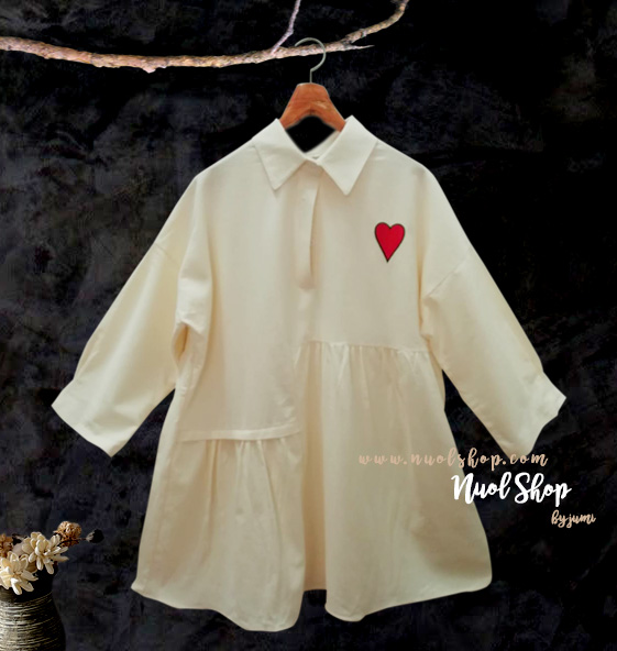 เสื้อผ้าฝ้ายกึ่งเดรสปักลายหัวใจ รอบอก 48 นิ้ว