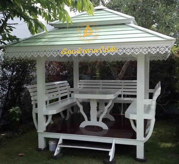 ( รหัส B4 ) ศาลา ไม้สัก สีขาว คาเขียวอ่อน2ชั้น อโยธ / ขนาด 2x2x3 เมตร