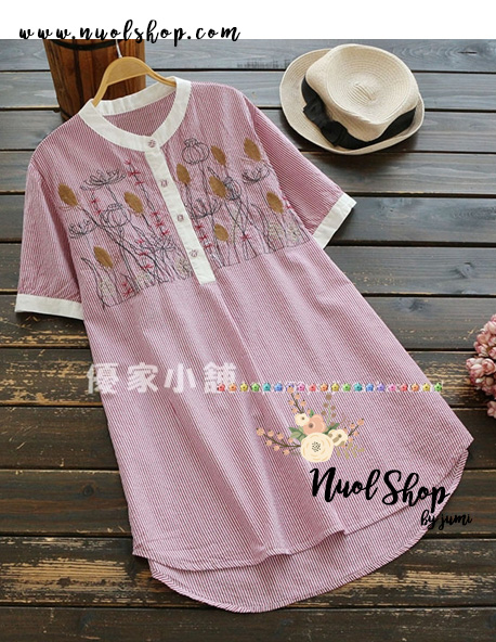 เสื้อผ้าฝ้ายลายทางปักลาย รอบอก 40 นิ้ว