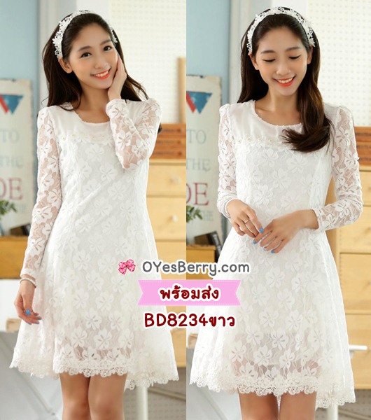 BD8234wh ชุดเดรสลูกไม้ไซส์ใหญ่ สีขาว อก 40-43"