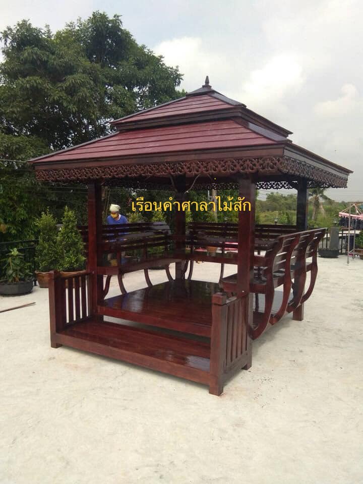 ( รหัส A3-รบ.60 ) ศาลา ไม้สัก พิงหลังตั้ง คา2ชั้นสี / ขนาด 2x2x3 เมตร เพิ่มระเบียงหน้่า 60 ซม.