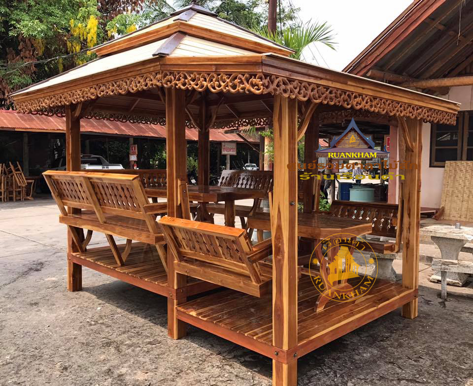 ( รหัส C2-S ). ศาลา ไม้สัก ชิงช้า สีเงา คาตาล พิงหลังตั้ง / ขนาด 2.00x3.20x3.20 เมตร