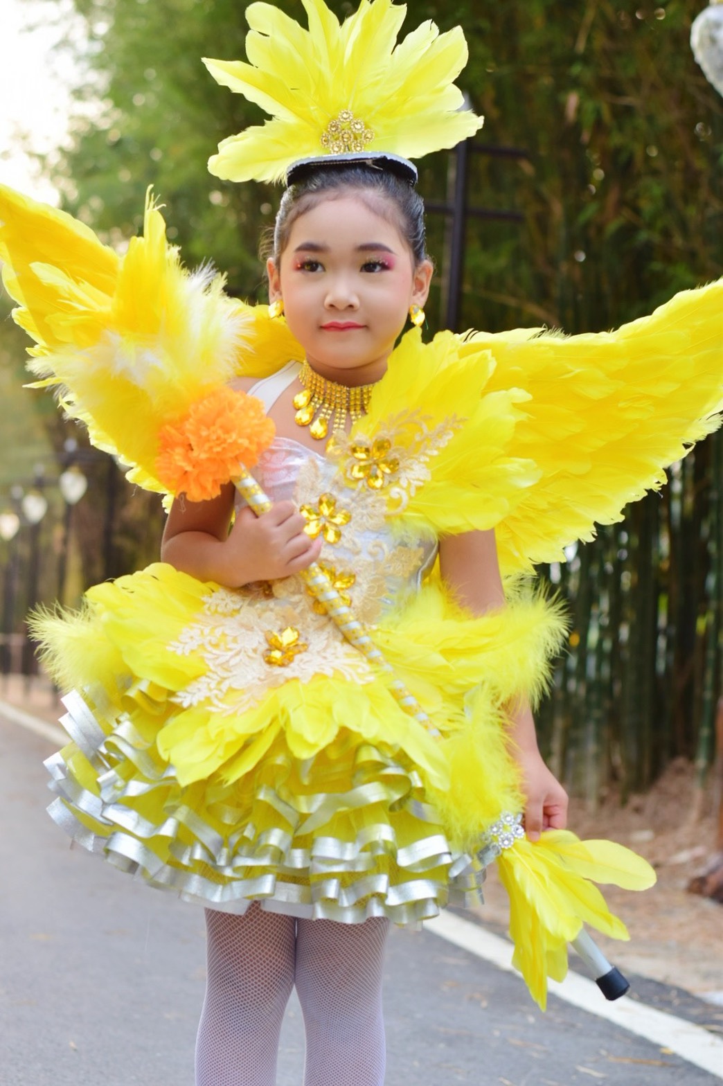ชุดสีเหลือง ขนนกพร้อมปีก สร้อย ตางหู หมวก ไม้ดรัมเมเยอร์* รวมจัดส่ง*