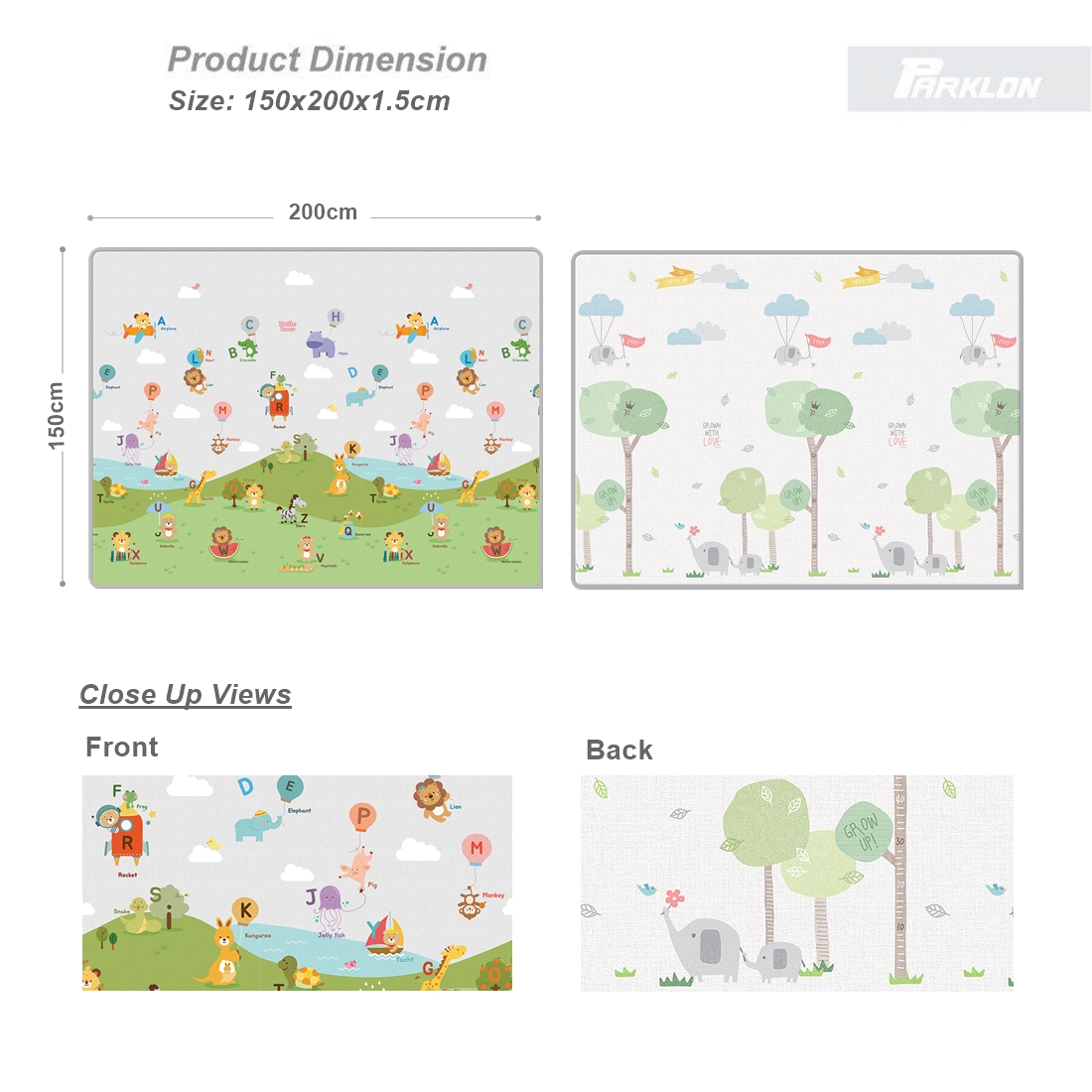 Parklon แผ่นรองคลานรุ่น PE Double Sided Prime Mat ขนาด 150x200cm หนา 1.5cm ลาย Balloon Alphabet+Grow Elephant