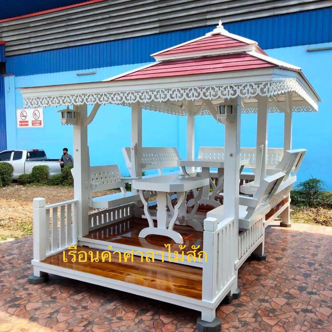 ( รหัส C3-S.ขาว รบ.60 ) ศาลา ไม้สัก ชิงช้า สีขาว คาเขียว พิงสัปรด / ขนาด 2.00x3.20x3.00 เมตร+เพิ่มระเบียง 2.00x0.60 เมตร