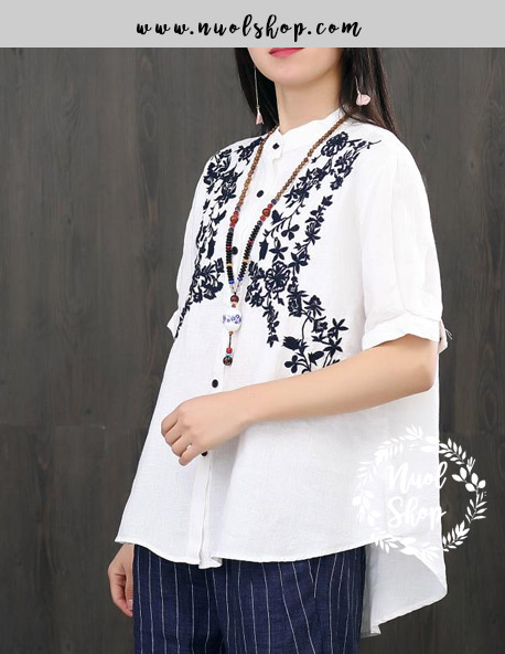เสื้อคอจีนผ้าลินินปักลาย รอบอก 44 นิ้ว