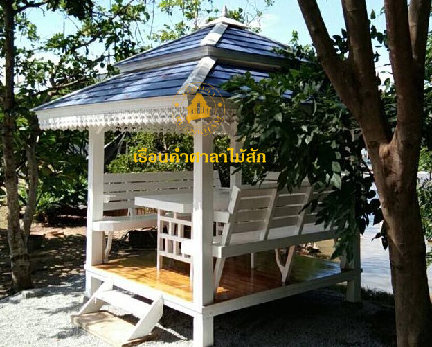 ( รหัส B1-โต๊ะ ) สีขาวไม้สัก คาน้ำเงิน พิงหลังนิว โต๊ะ ขนาด 2.00x2.00x3.00 เมตร