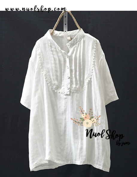 เสื้อคอจีนผ้าสาลูเนื้อนุ่มแต่งลูกไม้ รอบอก 44 นิ้ว