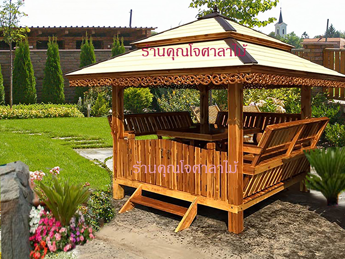 ( รหัส A2-รั้วรอบ ) ศาลา ไม้สัก สีเงา มีประตูรอบกันสุนัข / ขนาด 2.00 x 2.00 x 3.00 เมตร