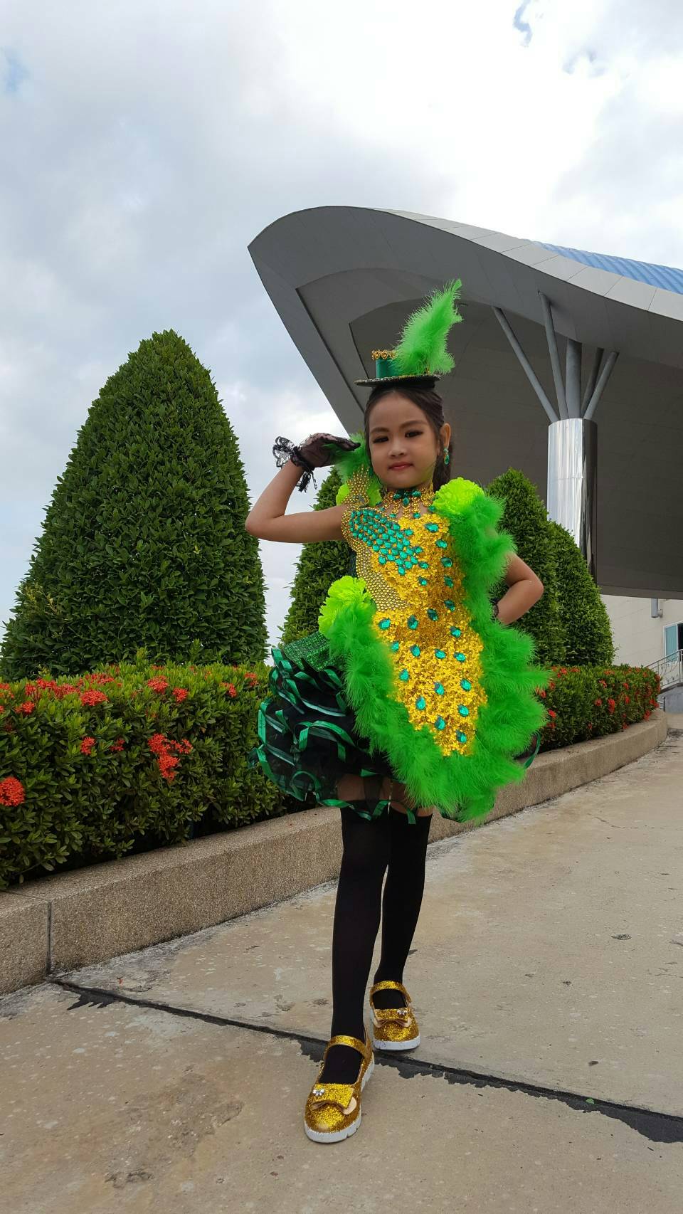 ชุดดรัมเมเยอร์นกยูงสีเขียวทองเด็กอนุบาลและประถม(ราคานี้ มีชุด หมวก สร้อย ต่างหู)