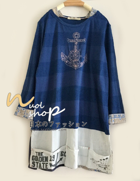 เสื้อยืดลายทางปักลายสมอ รอบอก 38 นิ้ว