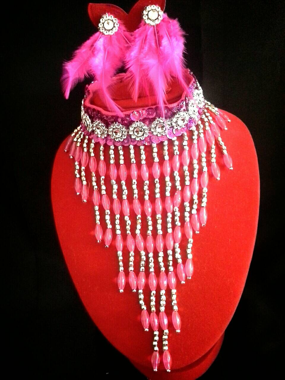 สร้อยระย้าเซทสีชมพู+ต่างหูหนีบขนนก*พร้อมส่ง*