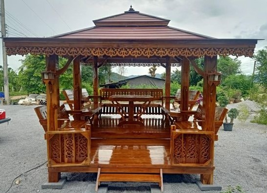 ( รหัส.C3-M รั้วรอบ ) ศาลาไม้สัก สีเงา หลังคาสีน้ำตาล / ขนาด 2.50x4.00x3.00 เมตร