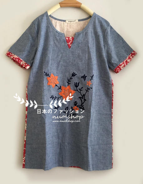 เสื้อผ้าฝ้ายแขนสั้นปักลาย รอบอก 36 นิ้ว