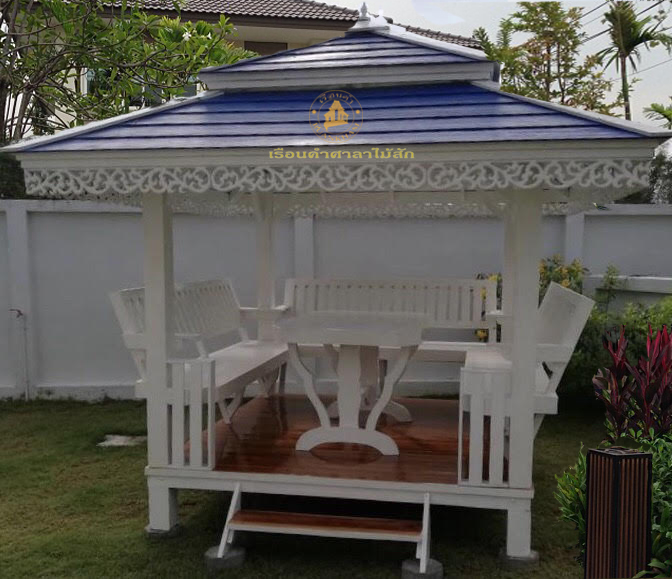 ( รหัส B2-กั้นเสา ) ศาลา ไม้สัก สีขาว คาน้ำเงิน2ชั้น พิง / ขนาด 2x2x3 เมตร