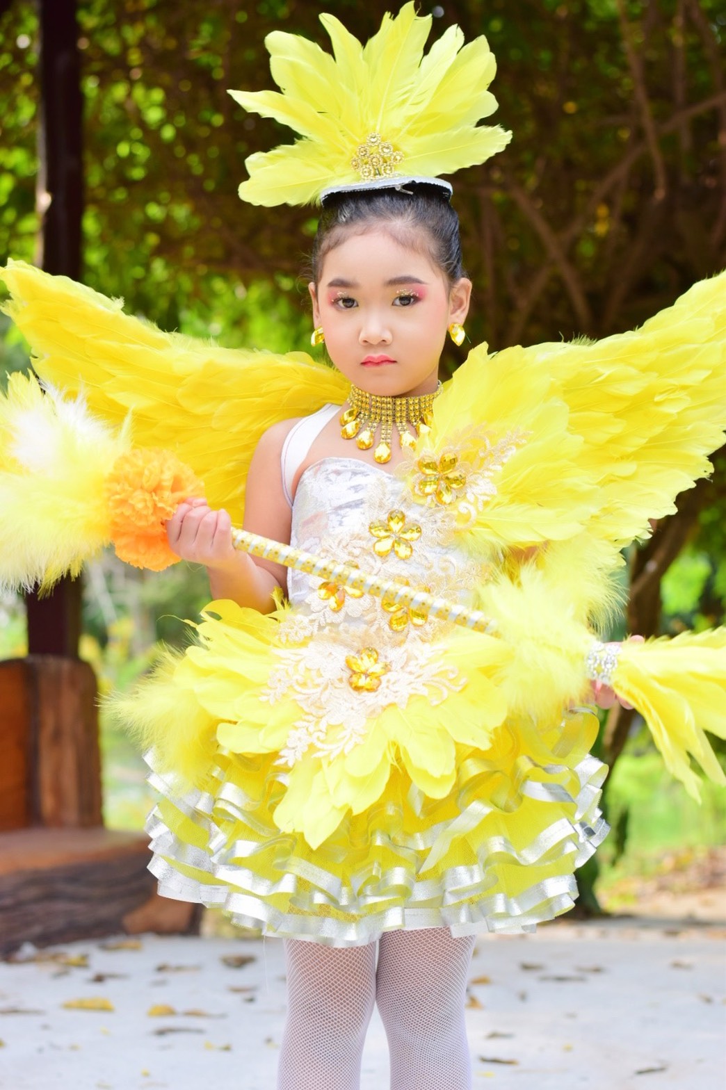 ชุดสีเหลือง ขนนกพร้อมปีก สร้อย ตางหู หมวก ไม้ดรัมเมเยอร์* รวมจัดส่ง*