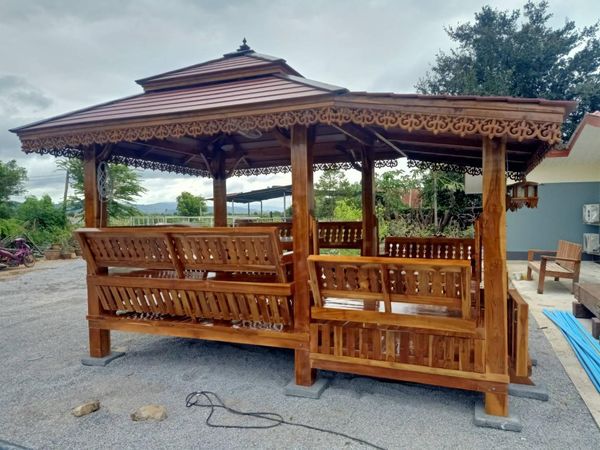 ( รหัส.C3-M รั้วรอบ ) ศาลาไม้สัก สีเงา หลังคาสีน้ำตาล / ขนาด 2.50x4.00x3.00 เมตร