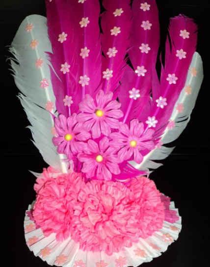 หมวกดรัมเมเยอร์ขนนกเด็กอนุบาลสีชมพูสลับดิ้นเงินBA2557/035