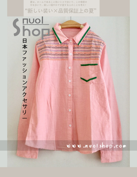 เสื้อเชิ้ตผ้าฝ้ายนุ่มปักลาย รอบอก 38 นิ้ว