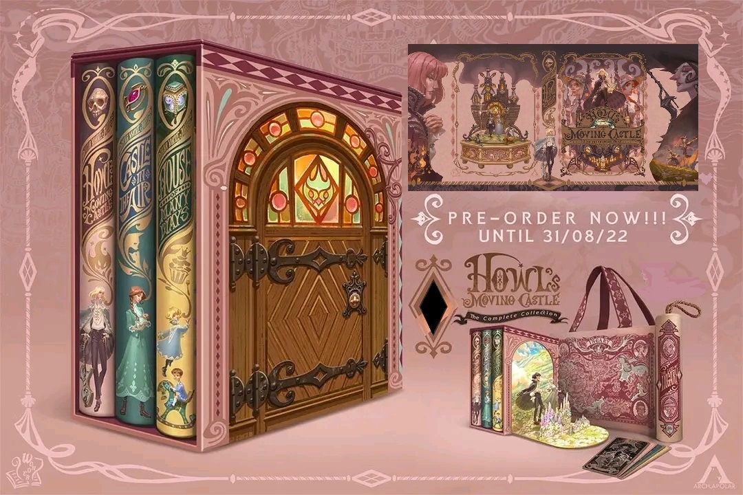 Pรวมชุด "ฺBoxset Howl's Moving Castle ปกแข็ง 3 เล่มจบ+ถุงผ้าสกรีนลายพิเศษ 1 ใบ+แผนที่พร้อมกระบอกสวม 1 ชุด+การ์ดลายพิเศษ 4 ใบ" ~Diana Wynne Jones~