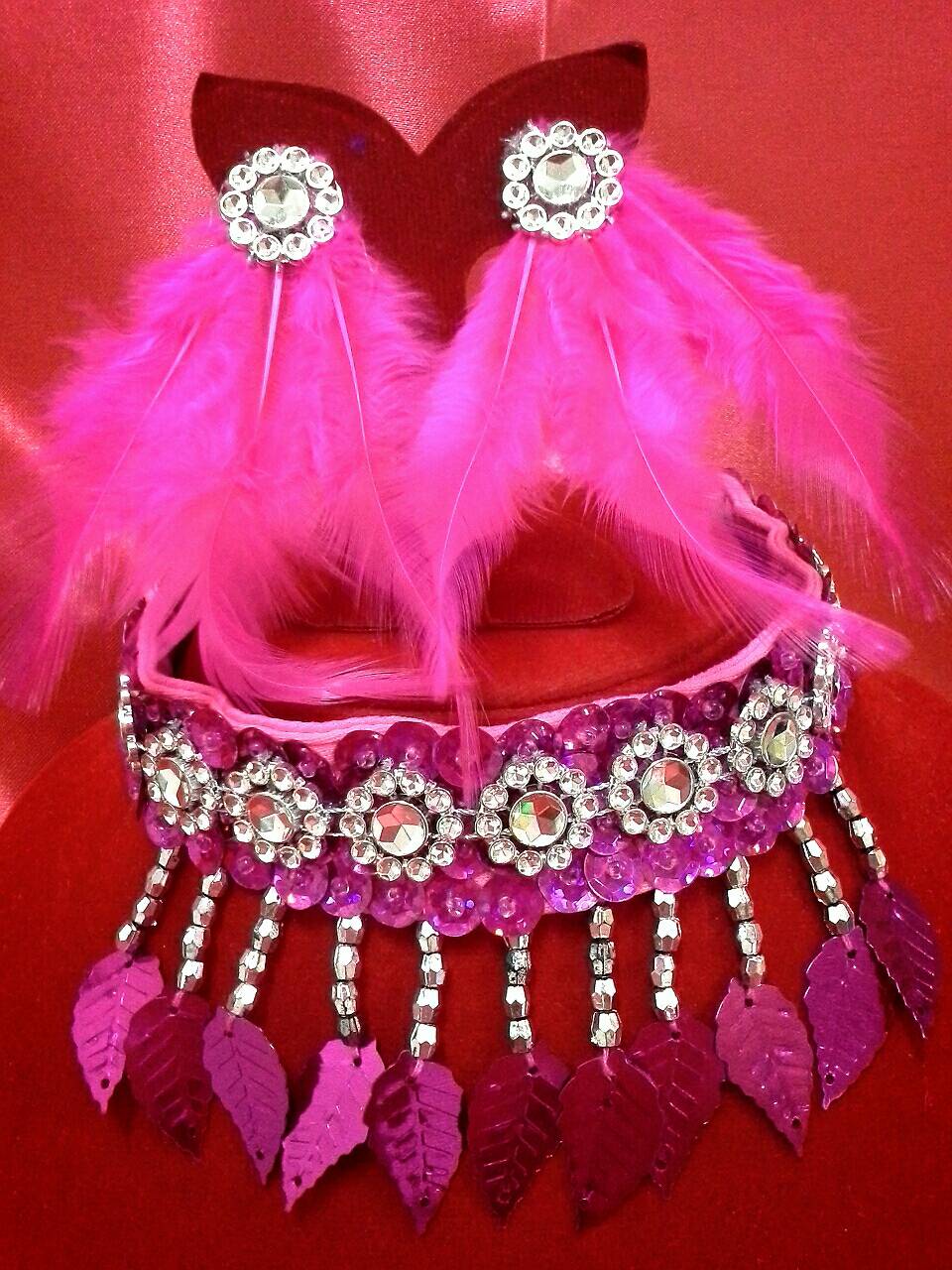 สร้อยสีชมพูบานเย็น+ต่างหูหนีบ+หมวกขนนก*พร้อมส่ง*
