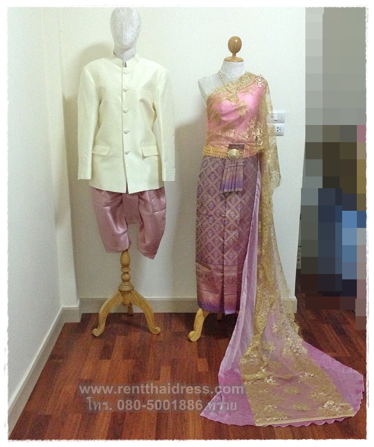 ชุดไทยจักรพรรดิ สีชมพูม่วง สไบยาว 3 เมตร