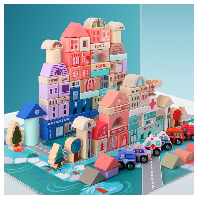 บล๊อกไม้ สร้างเมือง ตัวต่อไม้ ของเล่นไม้ 115 + 20 ชิ้น ในถัง พร้อมช่องหยอดรูปทรงต่างๆ