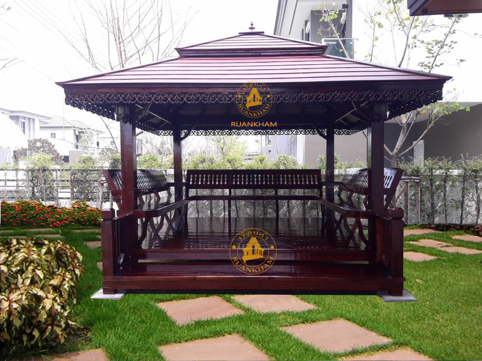 ( รหัส A3-3x3 รบ.60 ) ศาลาไม้สัก สีโอ๊ค หลังคาสี / ขนาด 3.00x3.00x3.00 เมตร