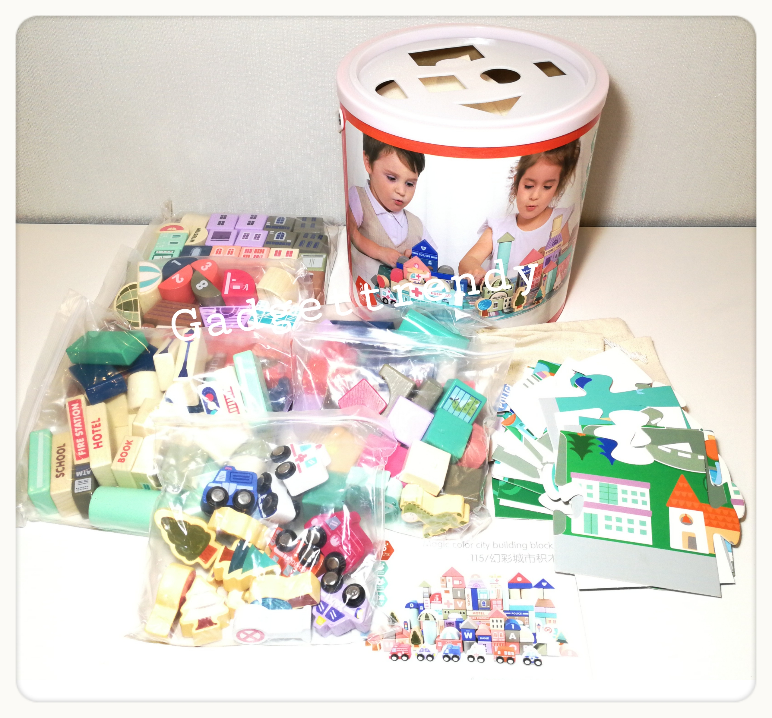 บล๊อกไม้ สร้างเมือง ตัวต่อไม้ ของเล่นไม้ 115 + 20 ชิ้น ในถัง พร้อมช่องหยอดรูปทรงต่างๆ