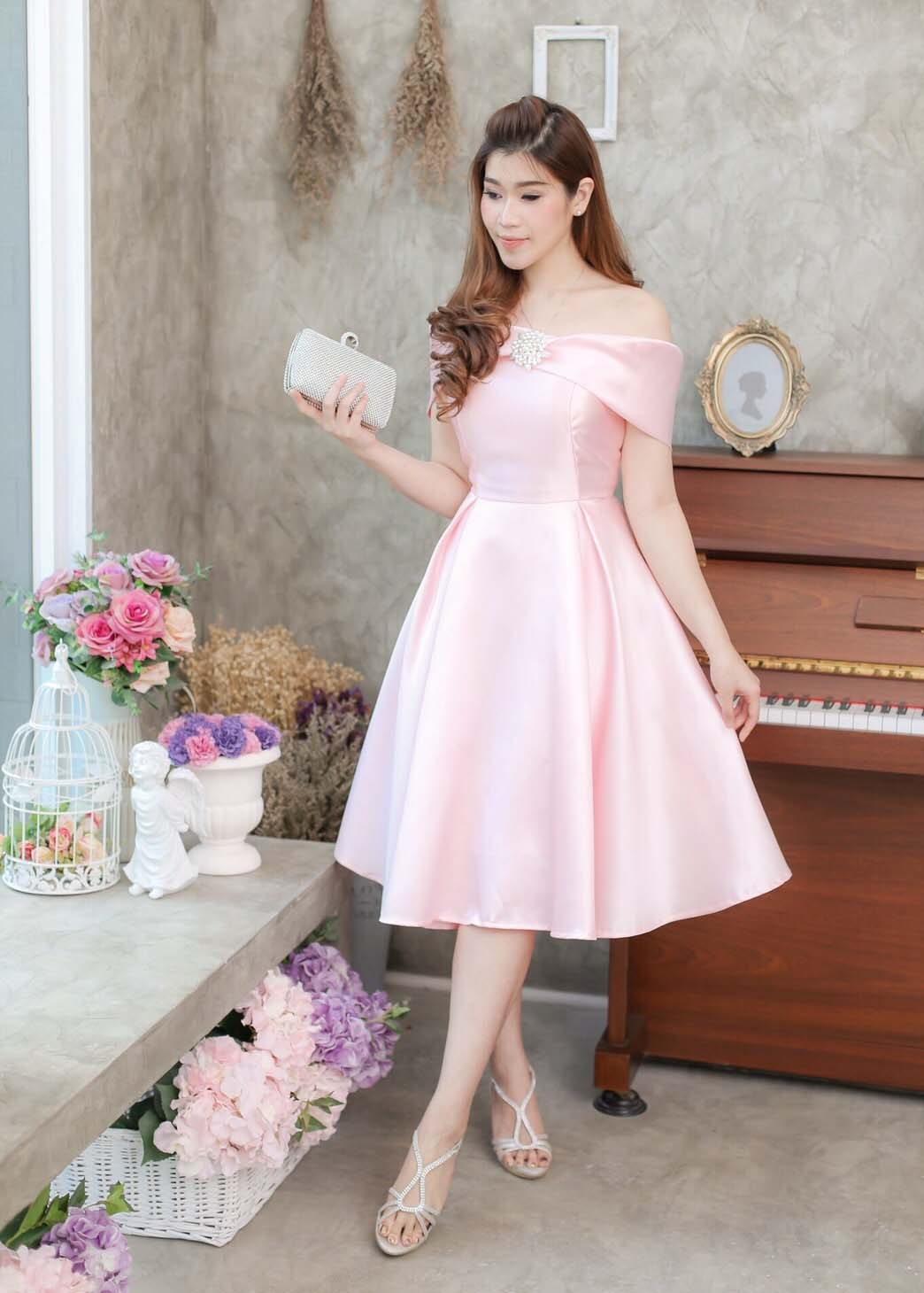 [พร้อมส่ง] ชุดเดรสออกงานไซส์ใหญ่ สีชมพู อก 36"