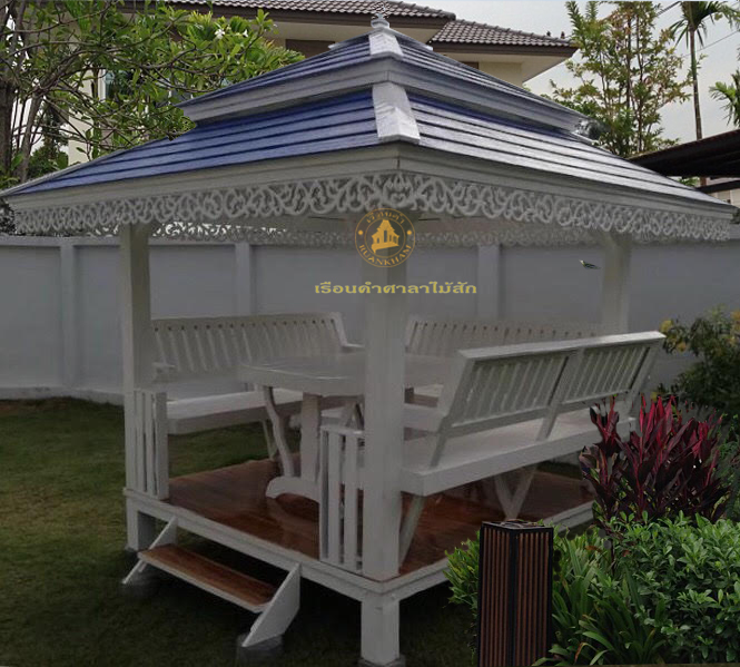 ( รหัส B2-กั้นเสา ) ศาลา ไม้สัก สีขาว คาน้ำเงิน2ชั้น พิงหลังสัปรด / ขนาด 2.00x2.00x3.00 เมตร