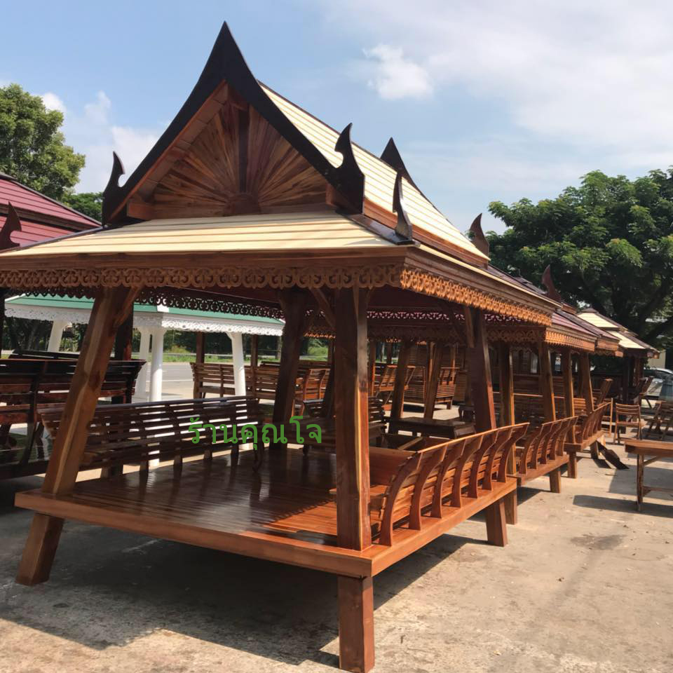( รหัส D2/2-2.5x3.0 ) ศาลา ไม้สัก สีเงา แหย่งเสาเอียงทรงไทย / ขนาด 2.50x3.00x3.40 เมตร