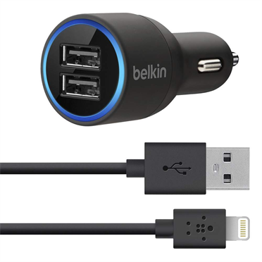 ชุดหัวชาร์จในรถ (2 พอร์ต) + สายชาร์จ belkin 4.2 แอมป์ (สีดำ)