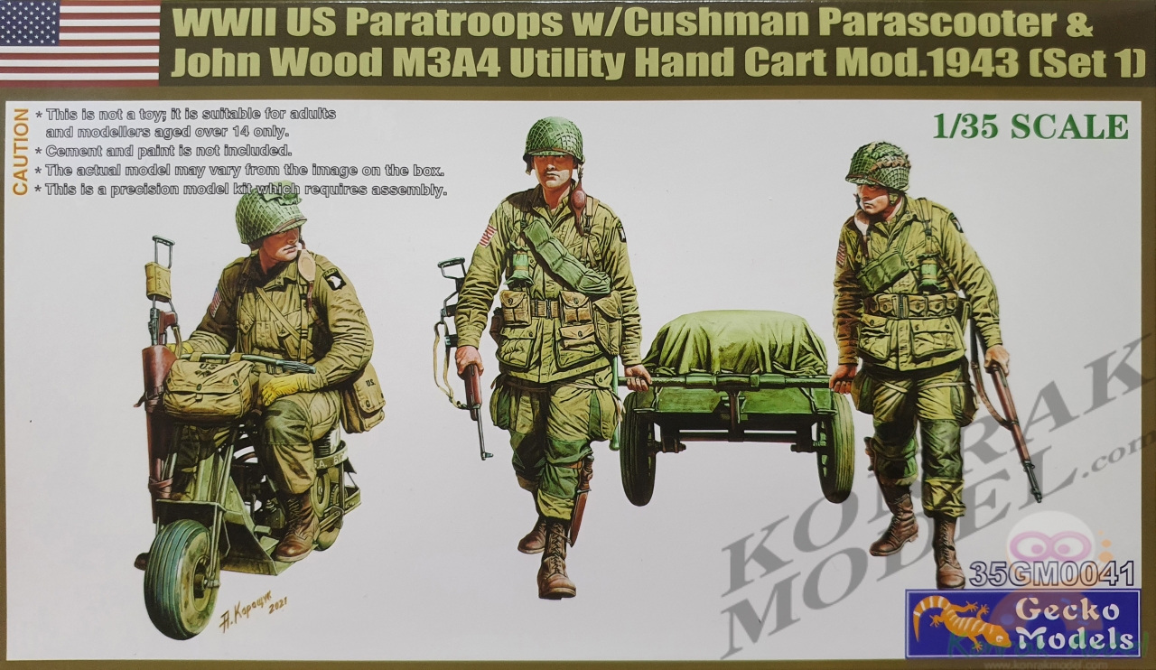 35GM0041 M53 SCOOTER CUSHMAN W/JOHN WOOD M3A4 UTILITY HAND CART MOD.1943 & US PARATROOPS [1/35]