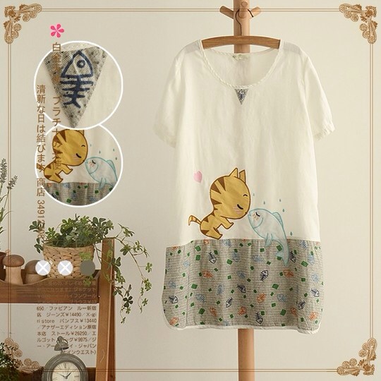 เสื้อผ้าลินินผสมฝ้ายปักลายแมว-ปลา QJH รอบอก 38 นิ้ว