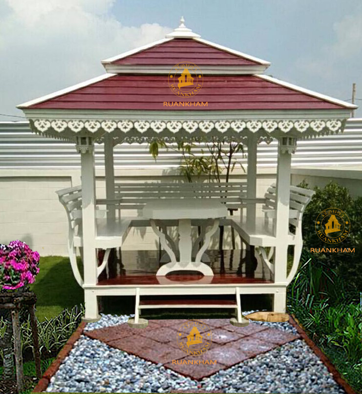 ( รหัส.B4.) ศาลา ไม้สัก สีขาว อโยธยา หลังคา2ชั้นสีน้ำตาล / ขนาด 2.00x2.00x3.00 เมตร