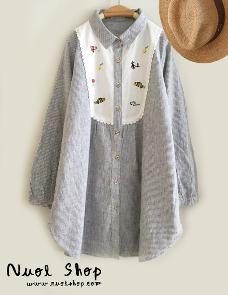เสื้อผ้าฝ้ายนุ่มลายทางปักลาย รอบอก 38 นิ้ว