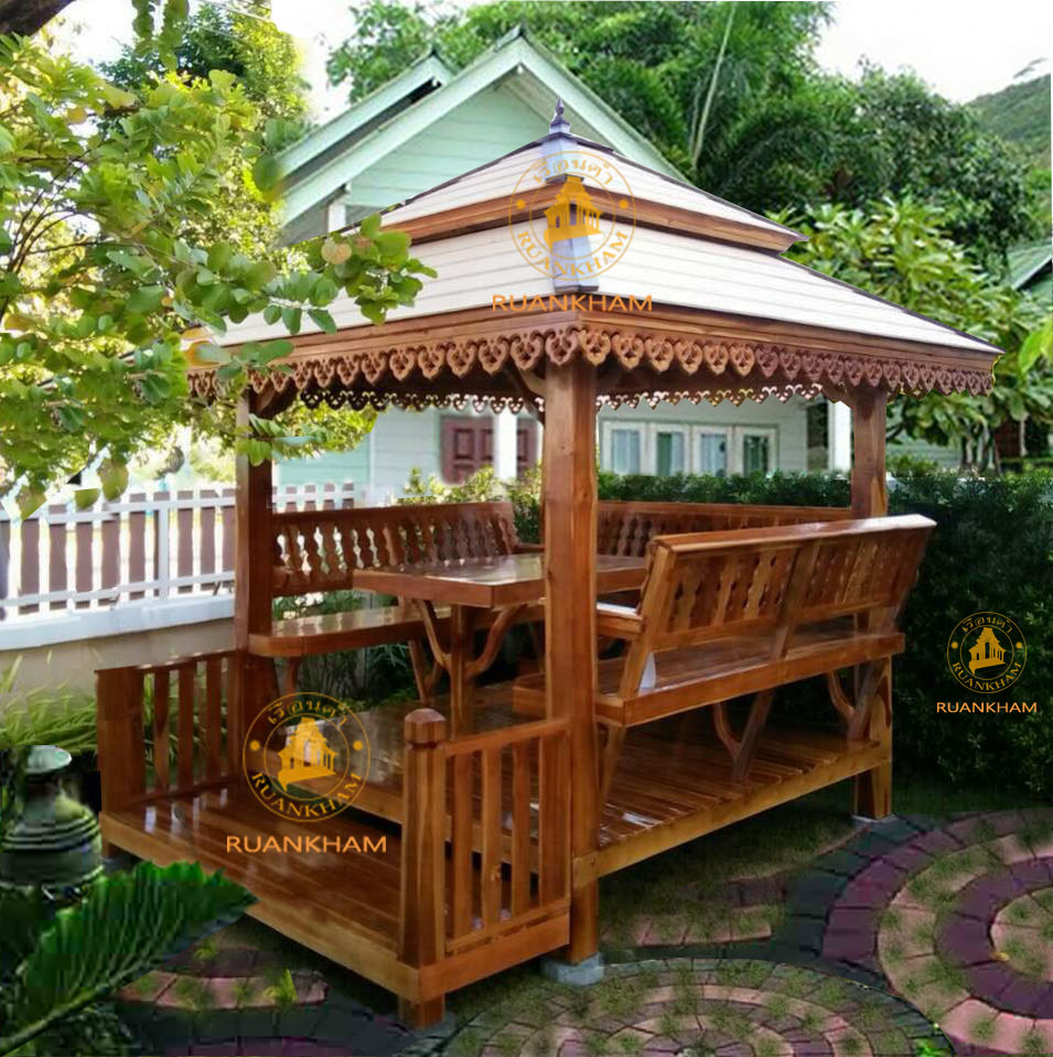 ( รหัส A3-รบ.60 ) ศาลา ไม้สัก พิงหลังตั้ง คา2ชั้นสี / ขนาด 2x2x3 เมตร เพิ่มระเบียงหน้่า 60 ซม.