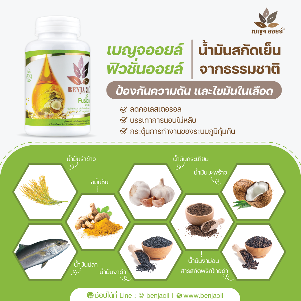 น้ำมันมะพร้าวแบบแคปซูลผสมน้ำมัน 8 ชนิด เบญจออยล์ ฟิวชั่นออยล์ (ฺBenja oil-fusion oil)