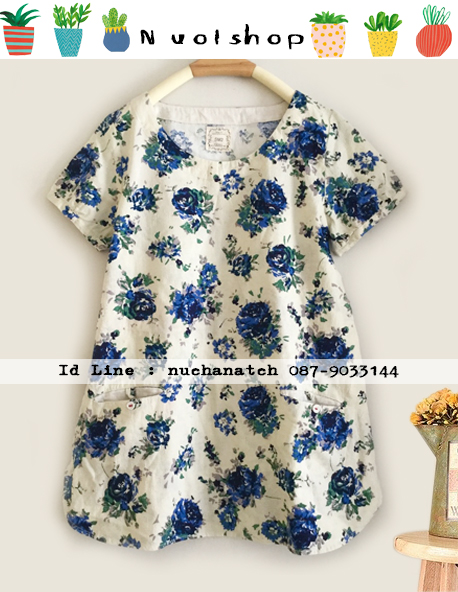 เสื้อผ้าฝ้ายลายดอกไม้กระเป๋าหน้า รอบอก 35 นิ้ว