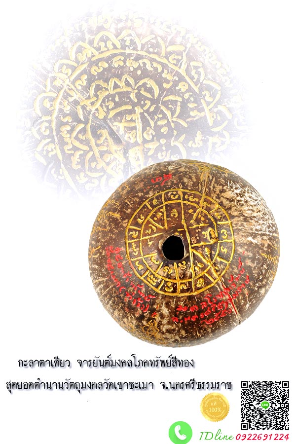 กะลาตาเดียว จารยันต์มงคลโภคทรัพย์ สีทอง สุดยอดตำนานวัตถุมงคลวัดเขาชะเมา จ.นครศรีธรรมราช สวย เก็บสะสม สมบูรณ์