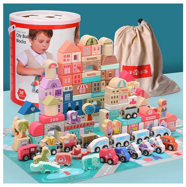 บล๊อกไม้ สร้างเมือง ตัวต่อไม้ ของเล่นไม้ 115 + 20 ชิ้น ในถัง พร้อมช่องหยอดรูปทรงต่างๆ