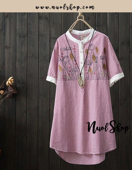เสื้อผ้าฝ้ายลายทางปักลาย รอบอก 40 นิ้ว