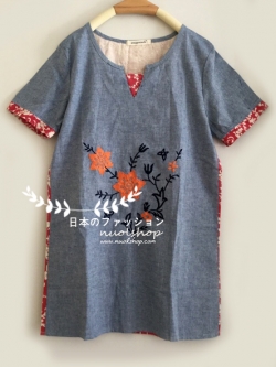 เสื้อผ้าฝ้ายแขนสั้นปักลาย รอบอก 36 นิ้ว