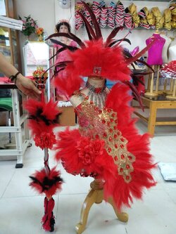 ชุดดรัมเมเยอร์นกยูงสีแดง เด็กอนุบาลและประถม ราคานี้มี หัวสร้อย ต่างหูไม้ดรัมเมเยอร์