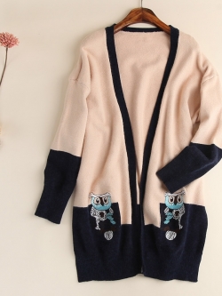 เสื้อคลุมไหมพรมนุ่มกันหนาวปักลายนกฮูก รอบอก 42+ นิ้ว