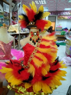 ชุดดรัมเมเยอร์สีแดงทองดำแต่งขนนกเด็กอนุบาลและประถม